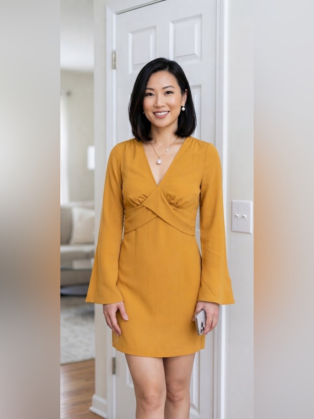 NWT Long Bell-Sleeve V-Neck Mustard Dress